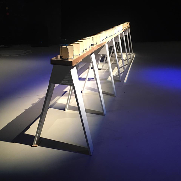 100 page accordion book with cyanotype along bottom, displayed in long cardboard tray filled with water. Link to 100-Year Flood.