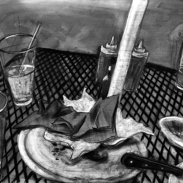 charcoal drawing of metal patio table-scape with half-finished glasses, dirty dishes, crumpled napkins, and bottles of condiments. Link to evidence.  