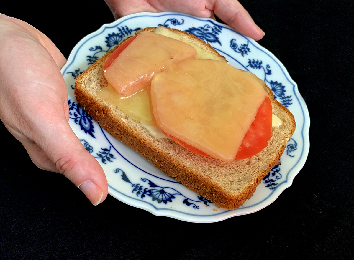 hand holding an open-faced, toasted tomato and cheese sandwich on a small plate