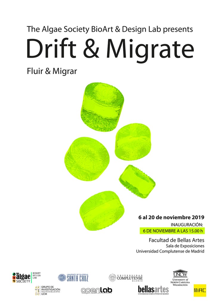 Poster for The Algae Society & BioArt Design Lab Presents Drift & Migrate. Full text below.