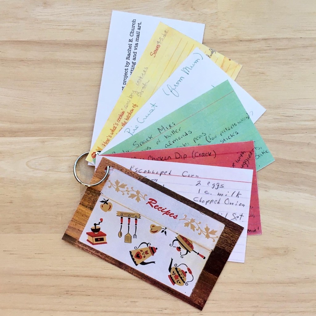7 cards connected by book ring at top left corner. front card shoes picture of recipe box. Next 5 cards are recipes on index cards. Last card is back cover. Link to cook/share book.
