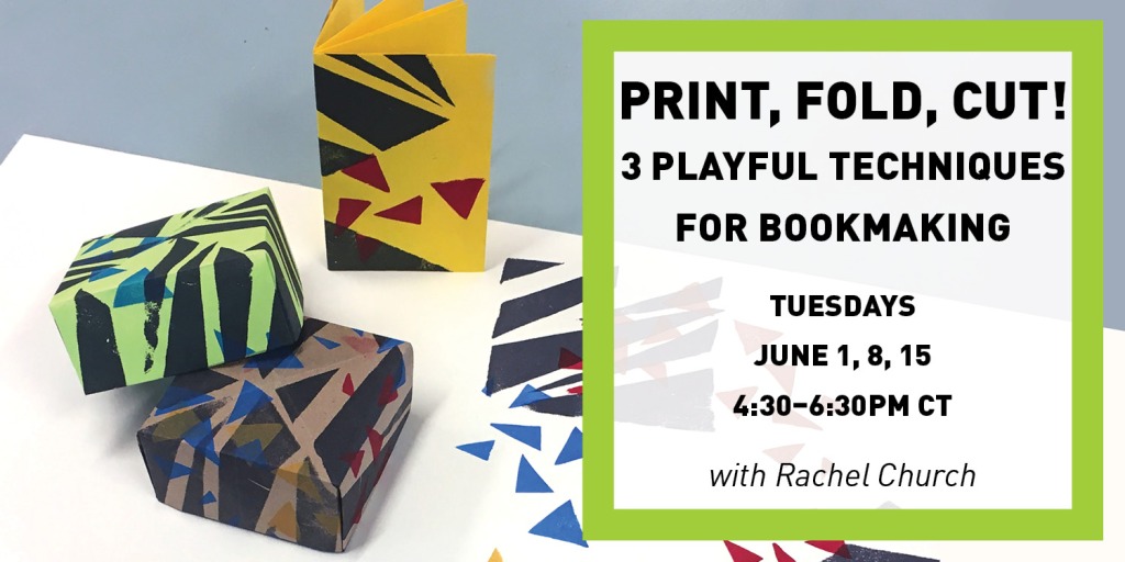Photo of paper boxes and folded books printed with geometric shapes. Text in image listed in paragraph below. 