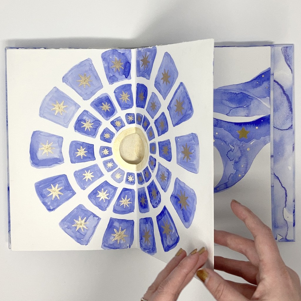 Open page of book depicting the bottom view of a church dome. Link to campi di blu è stelle