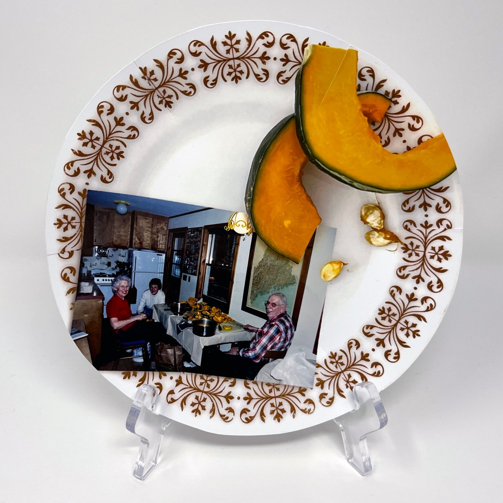 a plate containing cut up buttercup squash and a photo of three people cutting lots of squash at a kitchen table