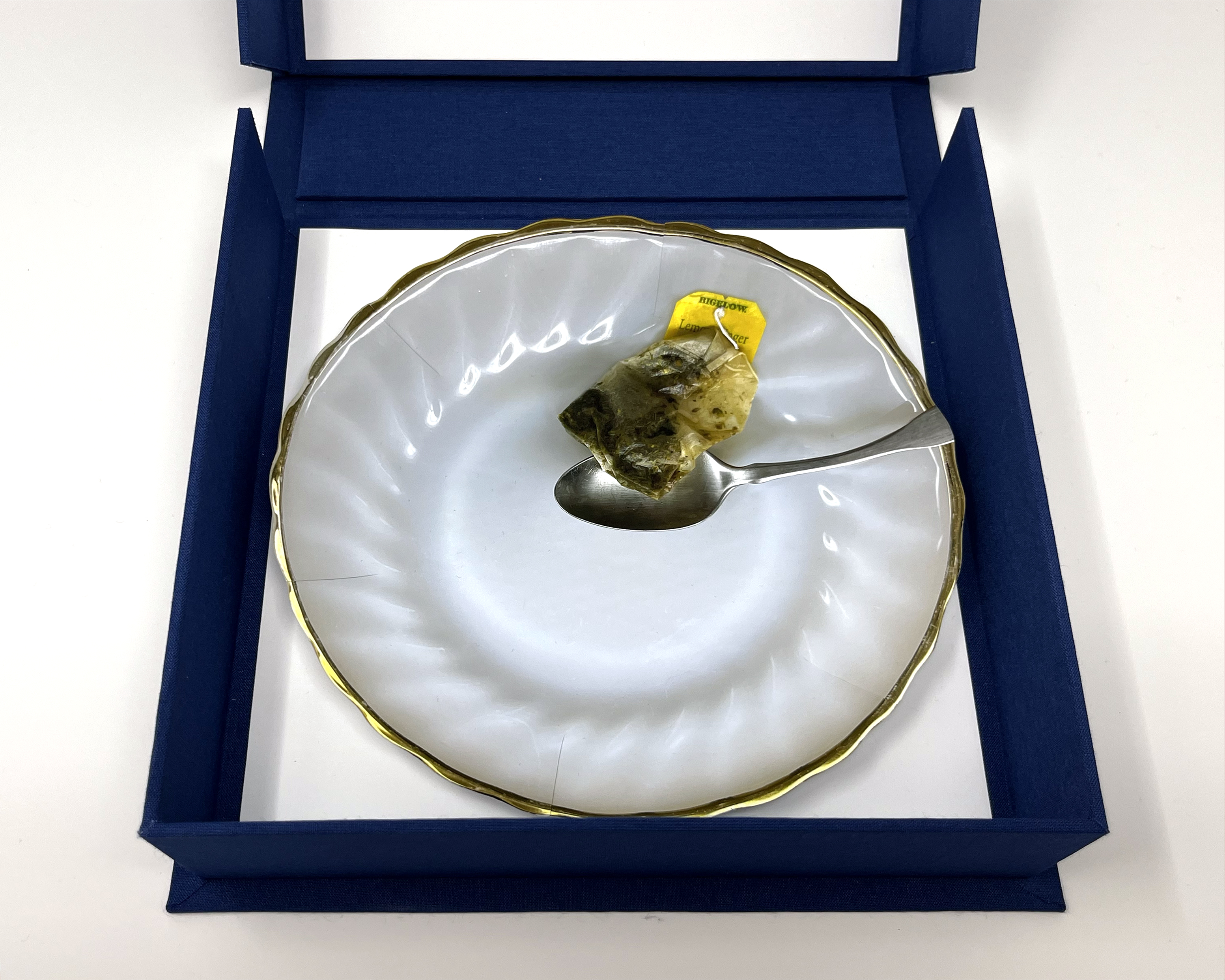 box open to show plate #8: a plate containing a photograph a used teabag and spoon
