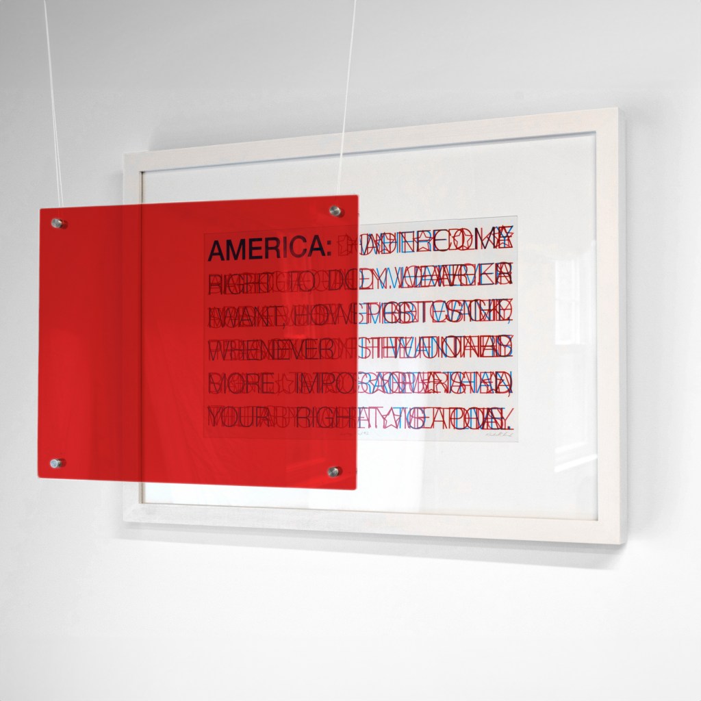 framed screenprint of abstracted American flag lays on a surface, with red, transparent plexiglass hanging in front of it. Link to Seeing Red #2.