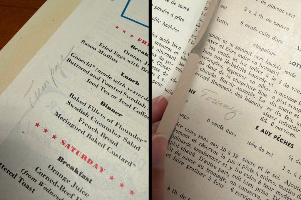 Composite image of text from a English language and French language scrapbook.